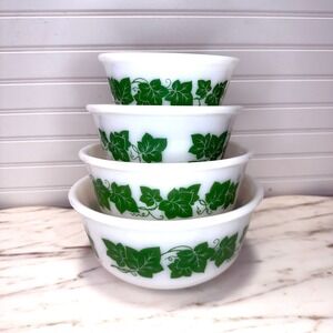 Vintage MCM 50s Hazel Atlas Green Ivy Milk Glass Mixing Bowls Evermore Swiftie